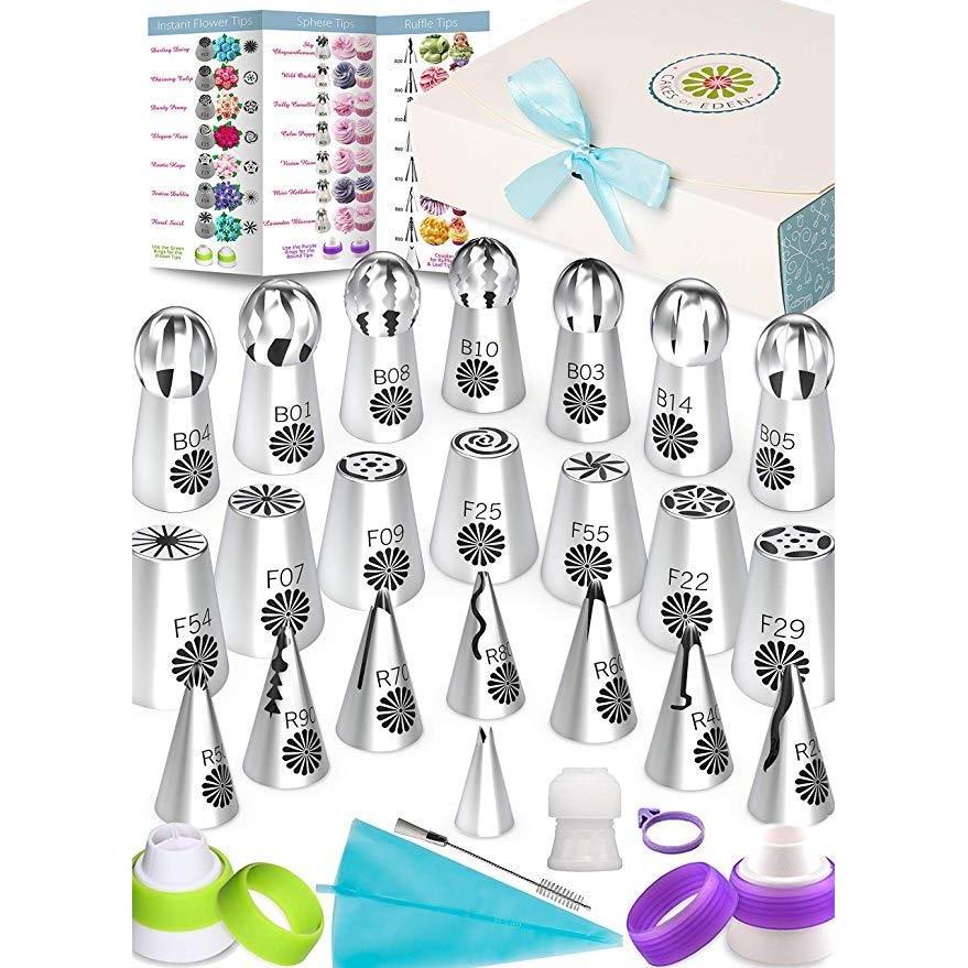 RFAQK 64 Pcs Cake decorating supplies with Cake Turntable-Cake leveller- 24  Numbered Icing Piping Tips with Pattern Chart and EBook- Straight & Angled  Spatula-30 Icings Bags- 3 Icing Comb Scraper set by
